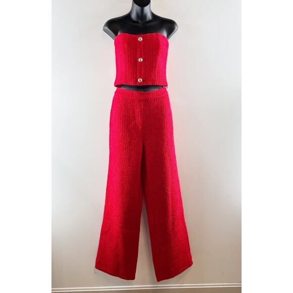 VICI Tweed Tube Top and Matching Wide Leg Pants Set Red Medium - Picture 2 of 4